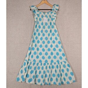 Mer St. Barth Eva Ruffle Dress Cream Aqua Ikat Blue‎ White Midi Small NEW